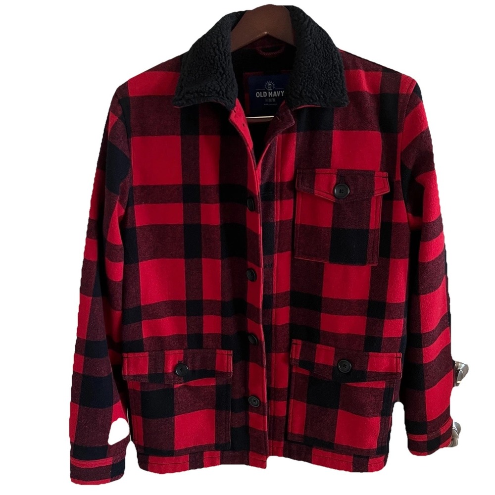 Old Navy Men's M Buffalo Plaid  Jacket Sherpa‎ Lined Chore Utility Wool Blend